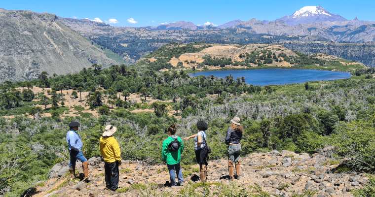 Personas observan el volcán Callaqui y el bosque de araucarias que lo rodea, desde un mirador en Alto Bio-bio.